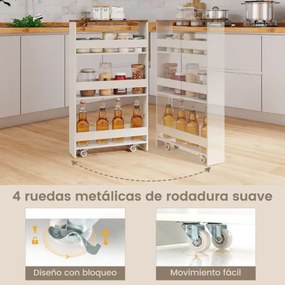 Carrinho de arrumação estreito para cozinha com 4 Estantes Rodas 48 x 13 x 81 cm Branco e Castanho Claro