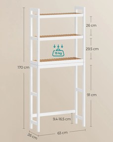 Estante de casa de banho 26 x 63 x 170 cm de 3 andares em bambu branco e cor natural