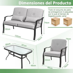 Conjunto de jardim de exterior 4 peças com 2 cadeiras individuais Cadeira de 2 lugares Mesa em vidro temperado Cinzento