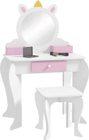 Toucador Infantil com Banco e Espelho Toucador de Maquilhagem com Gaveta Compartimentos Desenho de Unicórnio Branco