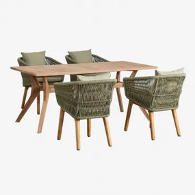 Conjunto De Mesa Retangular De Madeira De Teca Yolen (180x90 Cm) E 4 Cadeiras De Jardim Barker Verde Bambu - Sklum