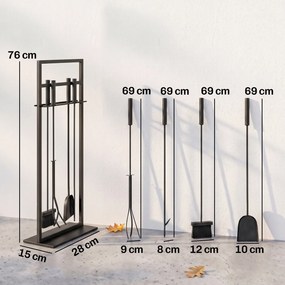 Conjunto de Utensílios para Lareira de 5 Peças em Metal com Escova Pá Atiçador Pinça e Suporte Preto