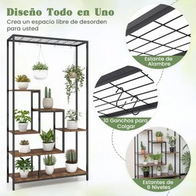 Suporte para plantas alto de 6 níveis Suporte para plantas de 6 níveis Estante de 180 cm com 10 ganchos para pendurar e prateleira de arame para varan