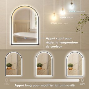 Espelho de casa de banho com iluminação, 50 x 70 cm, espelho LED arqueado, antiembaciamento, 3 cores de luz, intensidade regulável, memória, preto