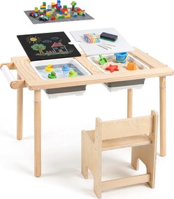 Conjunto de Mesa de Atividades Infantil com Cadeira, 86 x 55 x 51 cm, Multifuncional 6 em 1, Natural