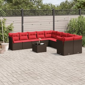 vidaXL 11 pcs conjunto sofás de jardim c/ almofadões vime PE castanho