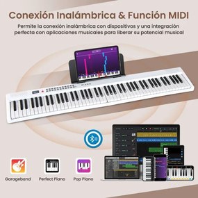 Teclado de piano elétrico dobrável com 88 teclas, tamanho normal, semi-pesado e portátil com MIDI 128 x 23 x 6 cm Branco