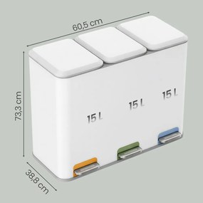 Caixote do lixo com 3 baldes internos de 15 L, 60,5 x 38,8 x 42,7 cm caixote do lixo com pedal em aço, cozinha Branco