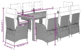 9 pcs conjunto de jantar p/ jardim c/ almofadões vime PE preto