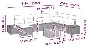 Conjunto de Sofá de Jardim com 9 peças e almofadas, preto, rattan, pol