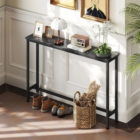 Mesa Consola Moderna Consola de Entrada Estreita com Superfície com Efeito Mármore e Estrutura de Metal 100x20x66 cm Preto