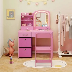 Toucador infantil com espelho iluminado e cadeira de princesa com luzes Estantes e gavetas crianças rosa