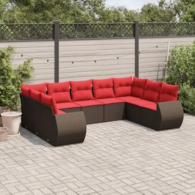 vidaXL 9 pcs conjunto sofás p/ jardim c/ almofadões vime PE castanho