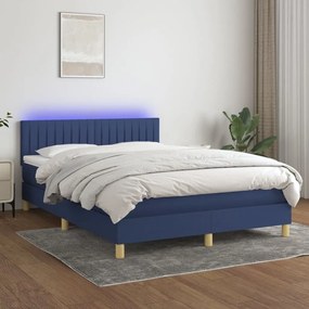 Cama box spring c/ colchão e LED 140x190 cm tecido azul