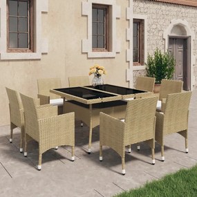 vidaXL 9 pcs conjunto de jantar para jardim vidro e vime PE bege
