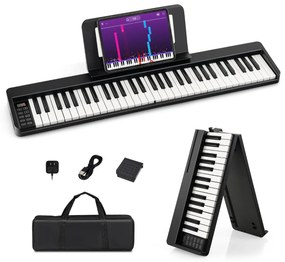 Teclado para piano dobrável de 61 teclas Piano elétrico portátil de 61 teclas com suporte Pedal de sustentação MIDI 90 x 13 x 5,5 cm Preto