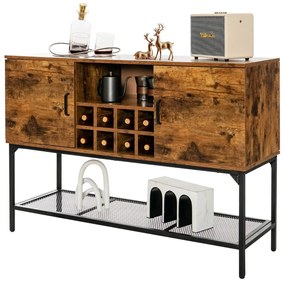 Aparador Buffet Industrial com Porta Vinho Prateleira de Malha 2 Armários com Portas para Corredor da Sala 122 x 41 x 85 cm Castanho