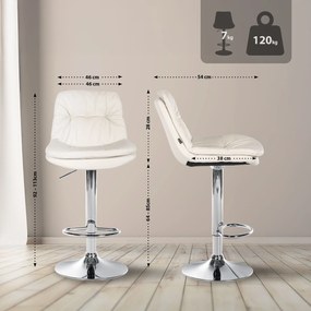 Banco de bar em couro sintético com estrutura prateada 92-113 x 46 x 54 cm branco