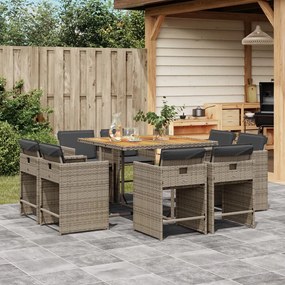 vidaXL 9 pcs conjunto de jantar p/ jardim c/ almofadões vime PE cinza