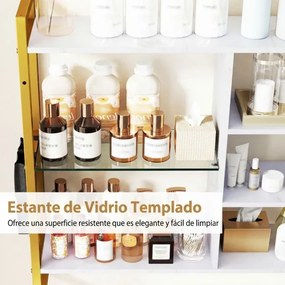 Prateleira suspensa moderna 107 x 24 x 96 cm, 6 níveis, 8 ganchos e bolso lateral para cozinha, bar ou casa – Dourada e Branco