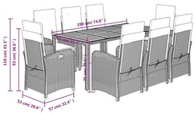 9 pcs conjunto de jantar p/ jardim c/ almofadões vime PE preto