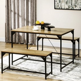 Conjunto de mesa de jantar e 2 bancos com estrutura em aço para 4 pessoas, para cozinha, sala de jantar e sala de estar, em tons naturais e pretos