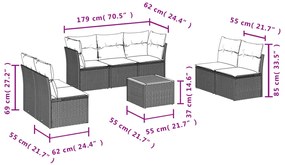 8 pcs conjunto sofás de jardim c/ almofadões vime PE cinzento