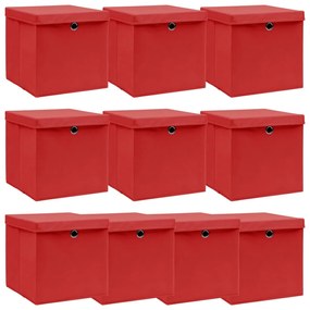 vidaXL Caixas de arrumação com tampas 10pcs 32x32x32cm tecido vermelho