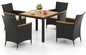 Conjunto de jantar de Jardim de 5 peças para 4 pessoas Conjunto de rattan com orifício para guarda-sol, almofadas e superfície em acácia Preto