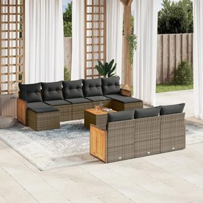 11 pcs conjunto sofás de jardim c/ almofadões vime PE cinzento