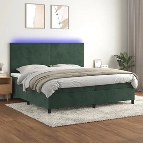 Cama box spring c/ colchão/LED 200x200 cm veludo verde-escuro