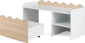 Secretária Infantil, 89,5 x 40 x 45 cm, Caixa de Arrumação com Rodas, Natural+Branco