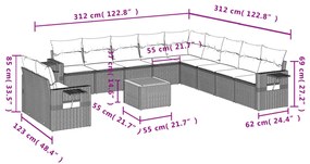 12 pcs conjunto de sofás de jardim c/ almofadões vime PE preto
