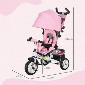 Triciclo para Bebés Evolutivo com Capota Dobrável Guiador Telescópico e Removível Bolsa e Porta-Garrafas 102x49x102 cm Rosa