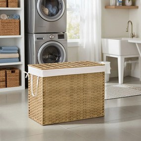 Cesto da roupa suja 86 x 40 x 61 cm em Rattan sintético com 3 compartimentos, cor natural