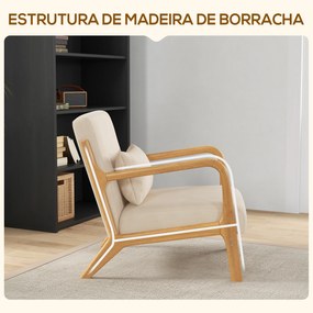 Poltrona Sala de Estar Nórdica Acolchoada com Apoio para os Braços e Estrutura de Madeira de Borracha 61x78x76 cm Bege