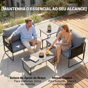 Conjunto de Jardim de 4 peças Móveis de Exterior com 2 Sofás de 2 Lugares 2 Mesas de Vidro Almofadas Capas Removíveis Cinza