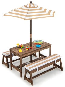 Mesa de piquenique infantil com guarda-sol Conjunto de mesa e banco de madeira com almofadas para exterior, jardim e pátio Castanho