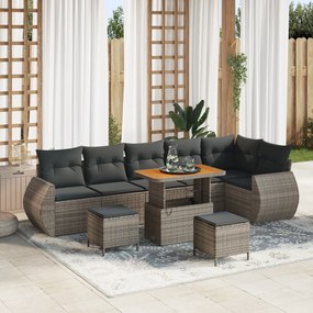Conjunto de Sofá de Jardim de 9 Peças com Almofadas Cinza Rattan Poly