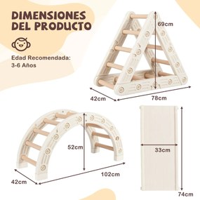 Conjunto de triângulo para crianças de escalada Montessori 5 em 1 com trepa-trepa em forma de triângulo Arco e escada dupla Bege + Castanho