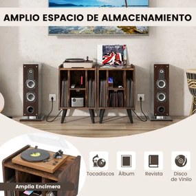 Estante para discos de vinil com 4 prateleiras abertas Tomada eléctrica e porta de carregamento USB  Castanho vintage