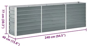 Canteiro elevado de jardim aço galvanizado 240x40x77cm cinzento