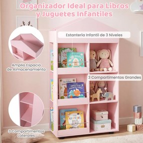 Estante infantil de madeira com 64 x 30 x 116 cm, em forma de casinha para bonecas, com compartimentos, para quarto de bebé, Rosa