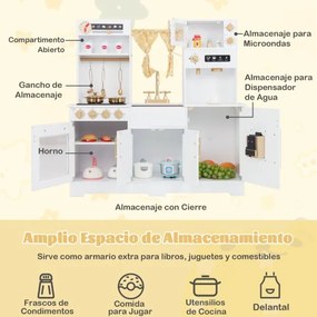 Cozinha de brincar para crianças com cafeteira Lava-loiça Torneira Fogão Dispensador de água Forno micro-ondas Forno Utensílios Cortina Sons e luzes B