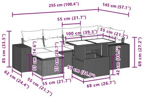 7 pcs conjunto de sofás p/ jardim com almofadões vime PE bege