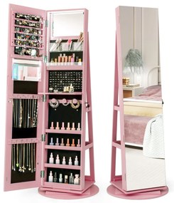 Armário joias giratório 360° com luzes LED Espelho de corpo inteiro Prateleiras de armazenamento 54,5 x 161 cm Rosa