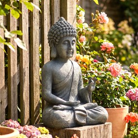 Estátua de jardim  32 x 23 x 51 cm, escultura de Buda sentado em óxido de magnésio, decoração espiritual, cinzento escuro