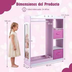 Guarda roupa Infantil com Espelho, 90 x 30 x 111,5 cm, com Gavetas e Prateleiras, Rosa