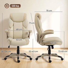 Cadeira de Escritório com Massagem Vibratória de 4 Pontos Aquecimento Lombar Apoios de Braços Rebatíveis Encosto Alto Altura Ajustável Creme