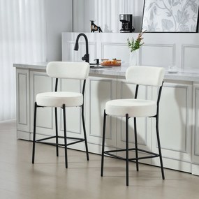 Conjunto de 2 bancos de bar em tecido felpudo, bancos de bar com encosto curvo e apoio para os pés, 49 x 52 x 95 cm, creme
